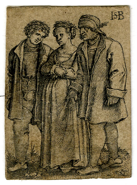 An engraving of a bride and groom